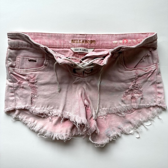 Billabong Pink Distressed Denim Jean Lace Up Shorts - Picture 2 of 5